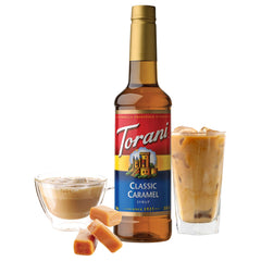 Torani classic caramel label close-up highlighting flavor and brand reliability