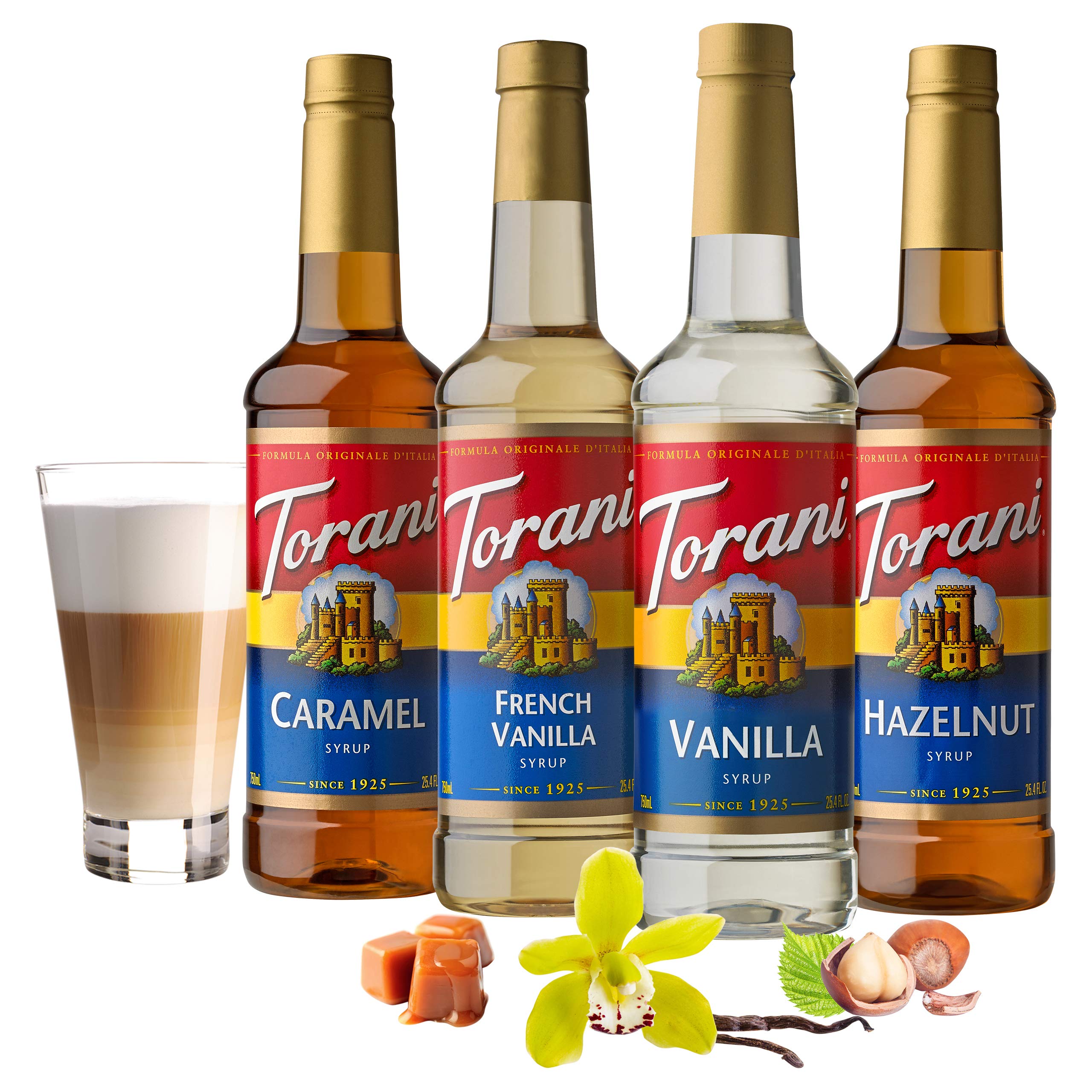 Torani etiqueta caramelo enfocada para identificar aroma y calidad