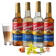 Torani etiqueta caramelo enfocada para identificar aroma y calidad