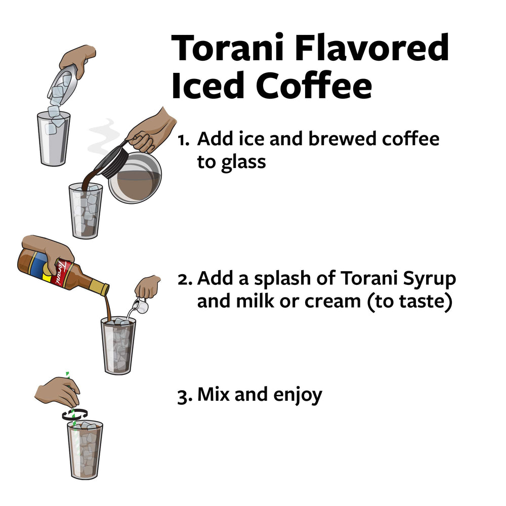 Torani usado en latte con caramelo que realza sabor y presentación
