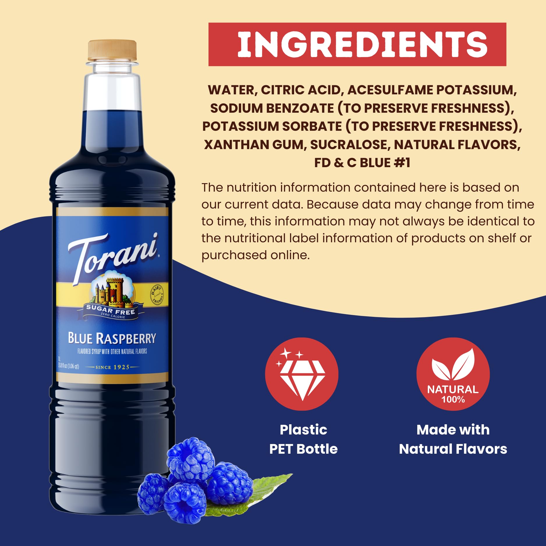Torani botella 1 litro junto a vaso, volumen generoso para uso profesional