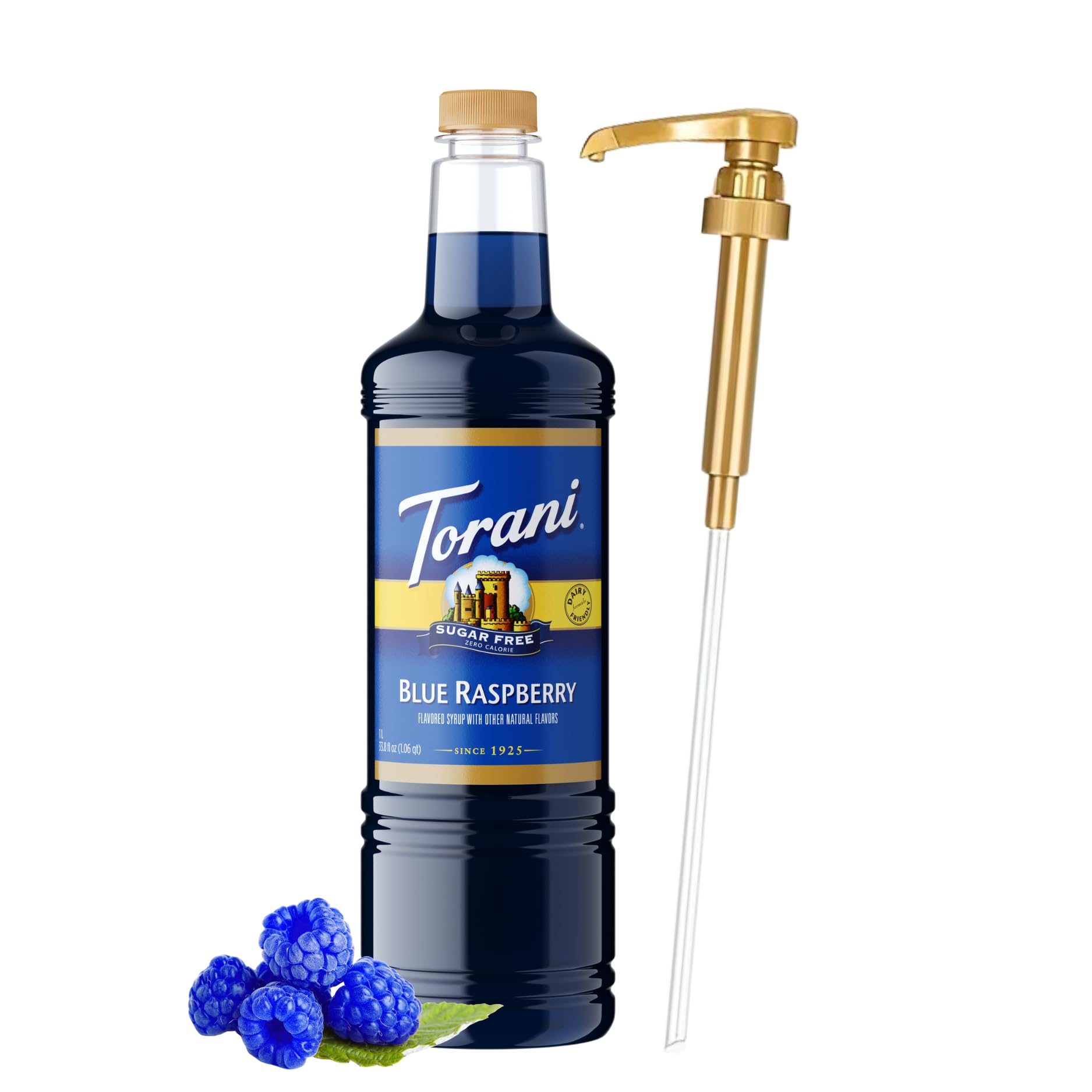 Torani jarabe frambuesa azul frontal, botella grande y atractivo color