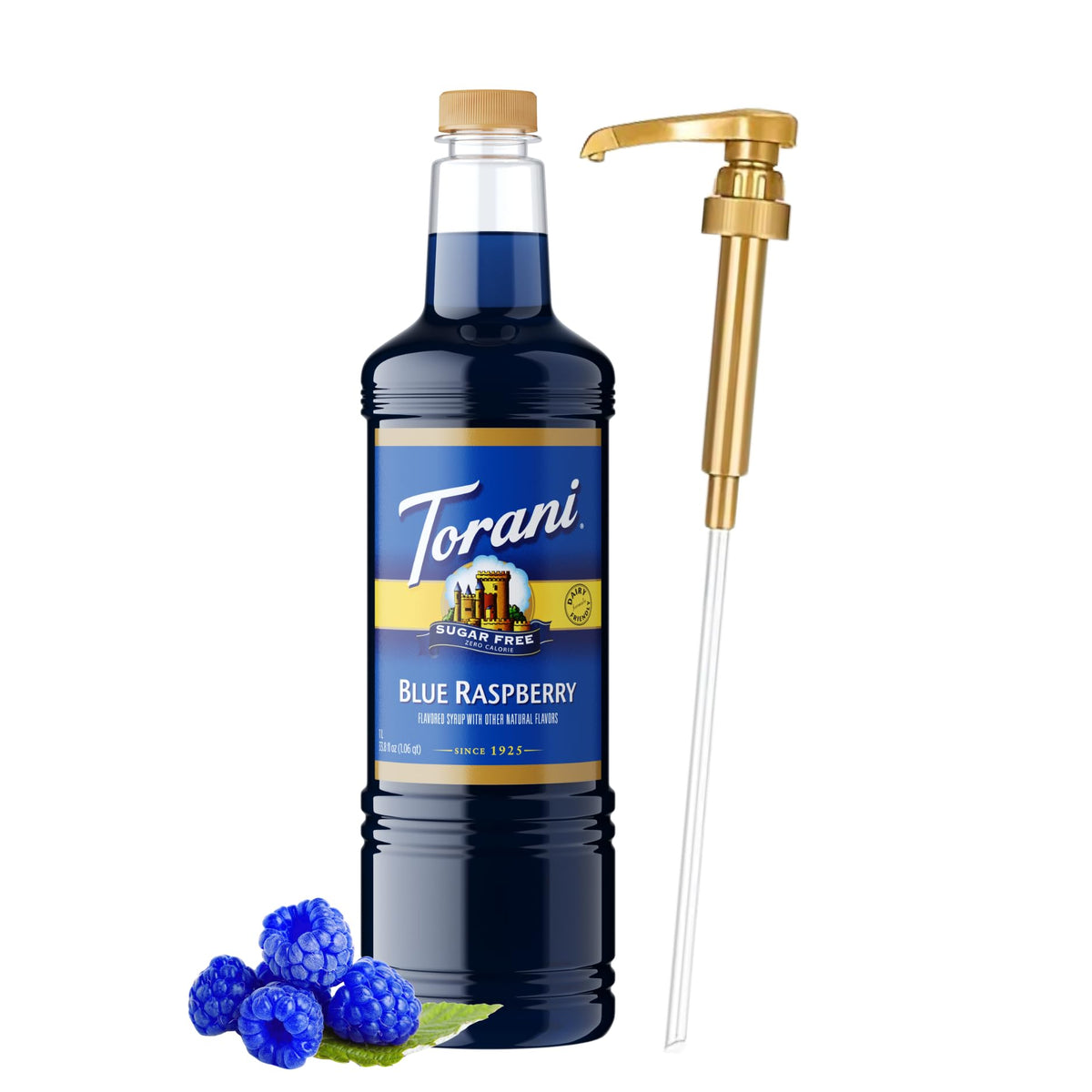 Torani jarabe frambuesa azul frontal, botella grande y atractivo color