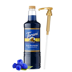 Torani jarabe frambuesa azul frontal, botella grande y atractivo color