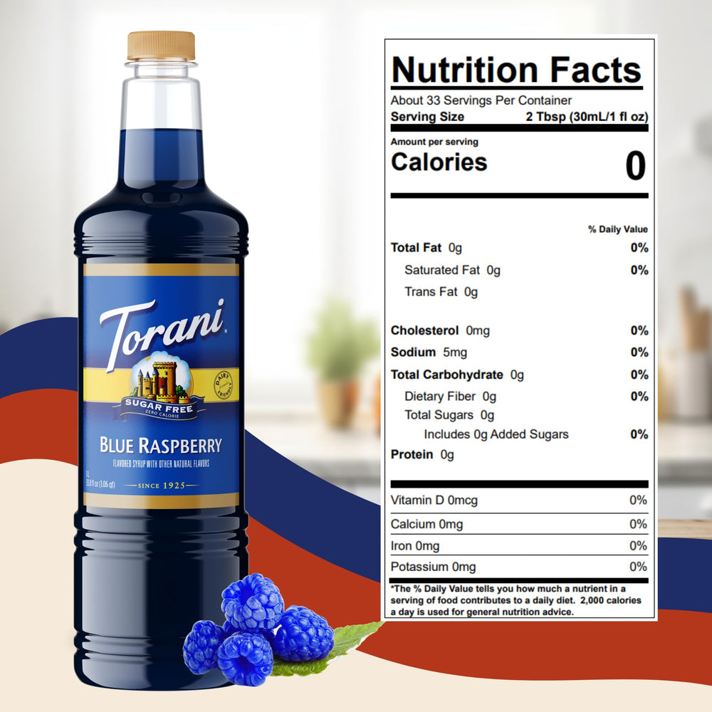 Torani sobre raspado azul vibrante, ideal para postres y eventos