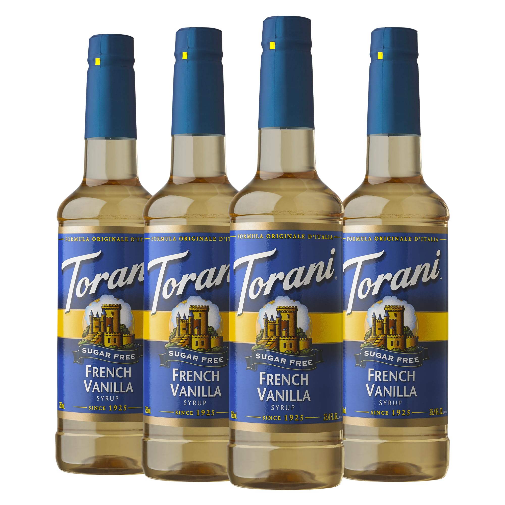 Torani botella frontal pack de 4 mostrando etiqueta y volumen para uso frecuente