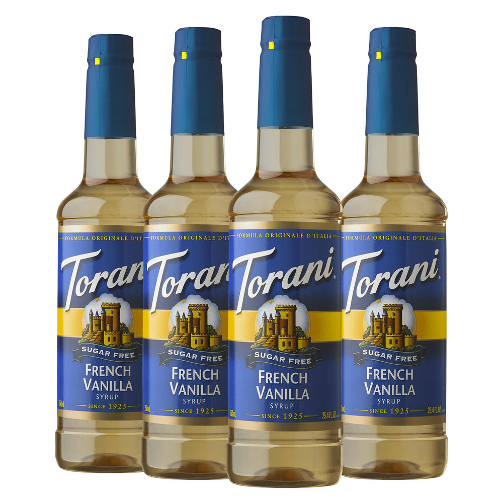 Torani botella frontal pack de 4 mostrando etiqueta y volumen para uso frecuente