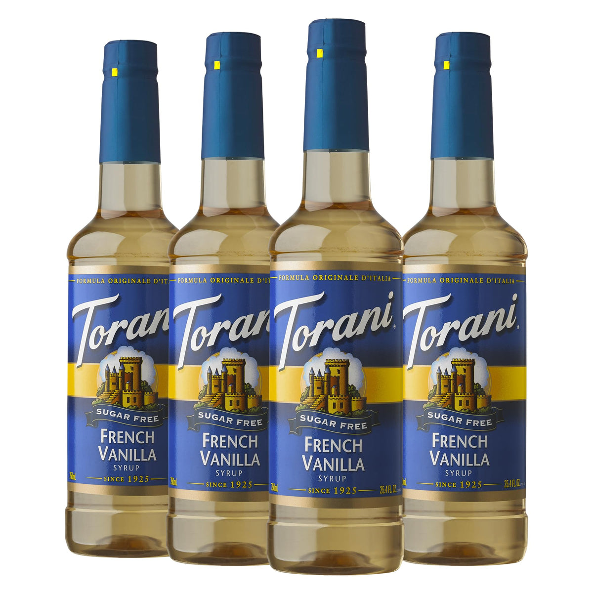 Torani botella frontal pack de 4 mostrando etiqueta y volumen para uso frecuente
