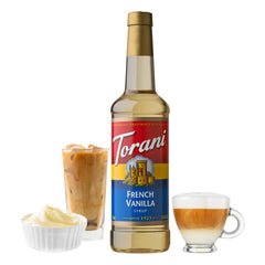 Torani label close-up showing French Vanilla name and ingredients, highlights authenticity