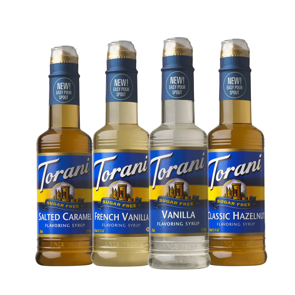 Torani frente del paquete Variety Pack mostrando cuatro botellas, opción versátil