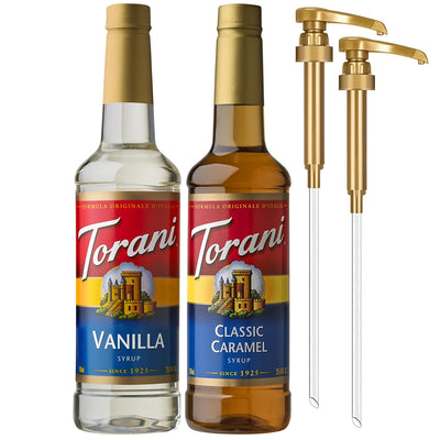 Torani front packaging showing Classic Caramel and Vanilla bottles with pumps, brand convenience