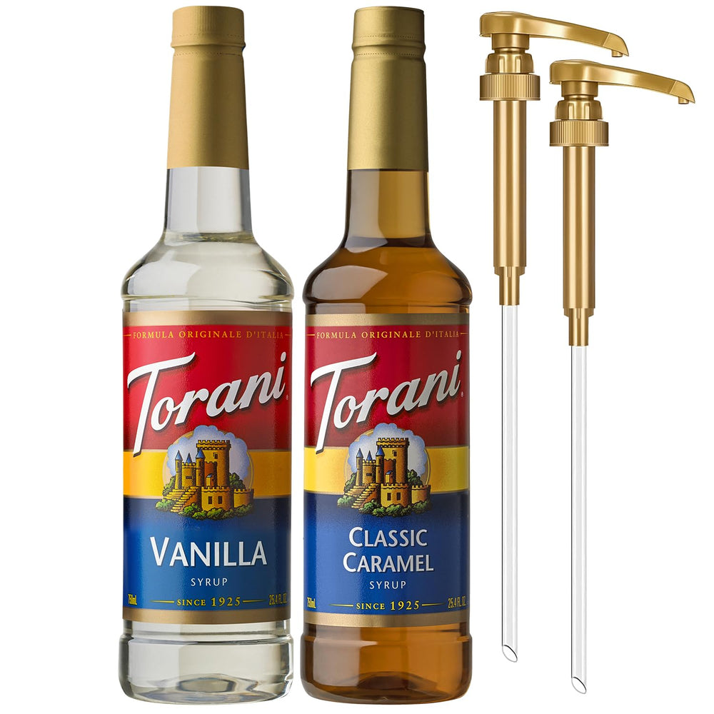 Torani front packaging showing Classic Caramel and Vanilla bottles with pumps, brand convenience