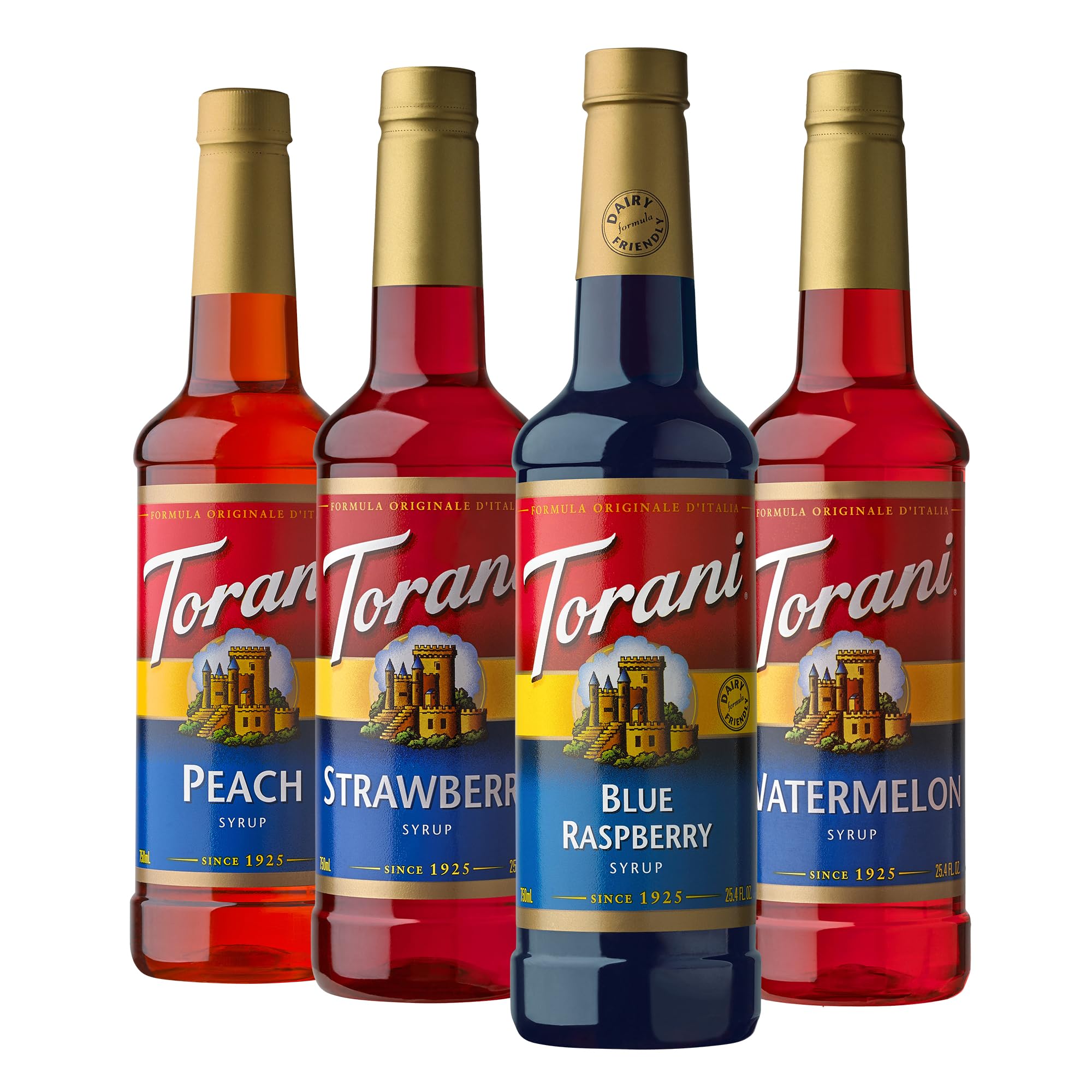 Torani front packaging showing four syrup bottles and bright colors for easy selection