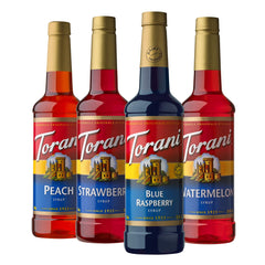 Torani front packaging showing four syrup bottles and bright colors for easy selection