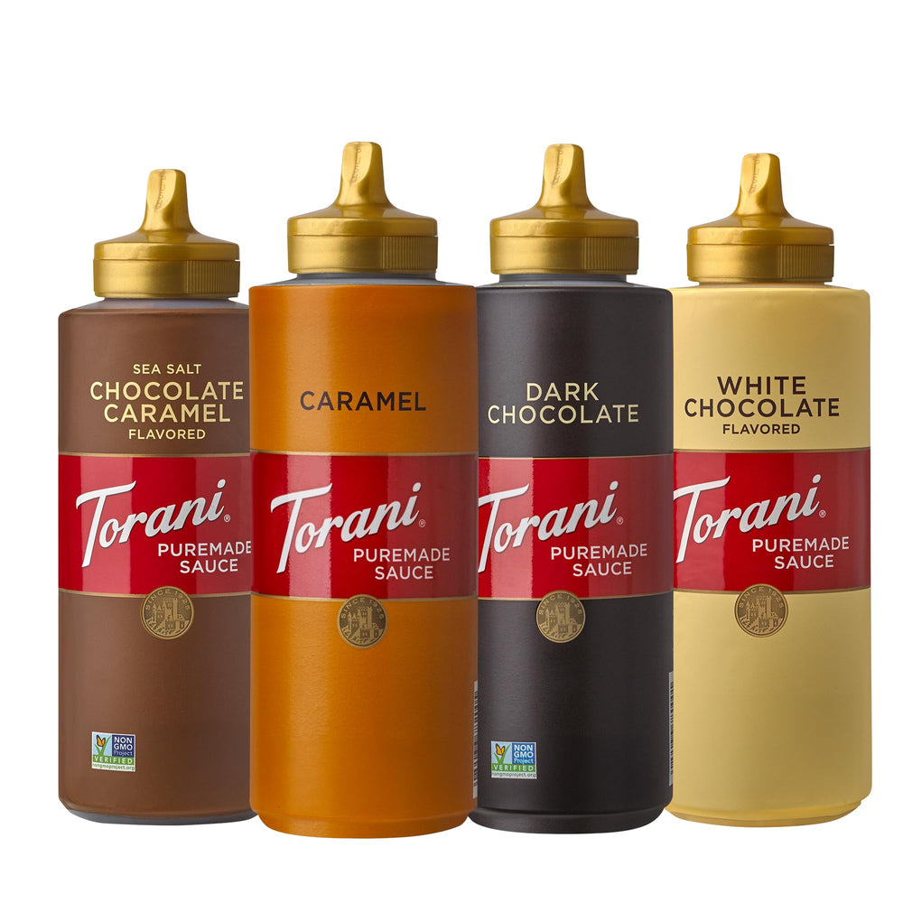 Torani pack frontal Puremade cuatro botellas muestra sabores y beneficio versatilidad