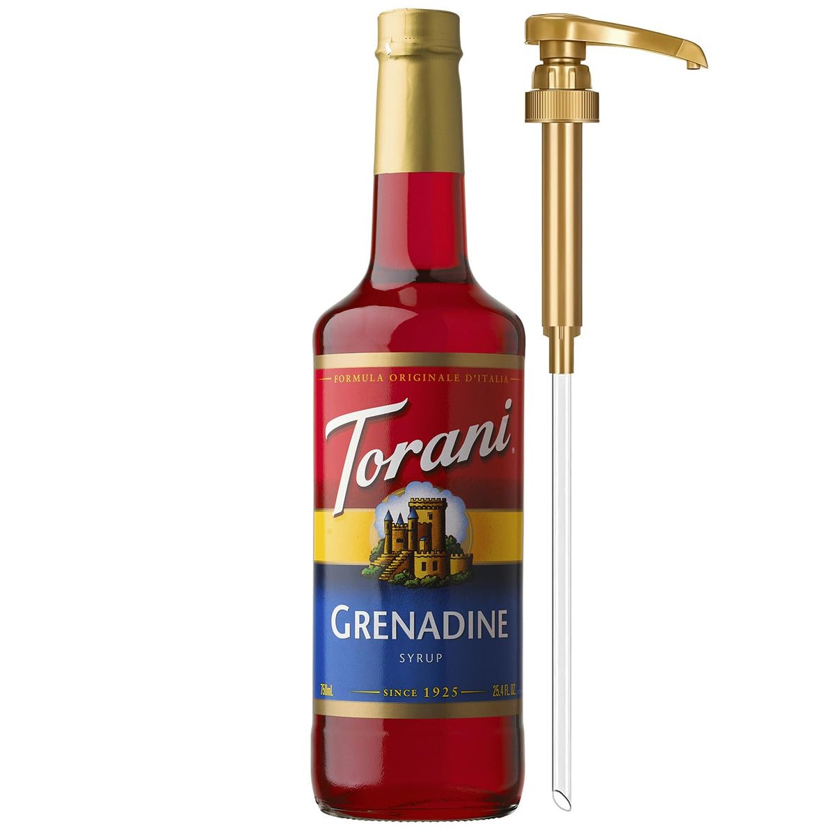 Torani botella frontal mostrando color vibrante y fácil servicio