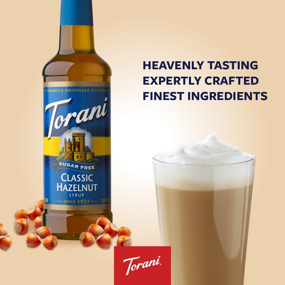 Torani bottle label detail highlighting brand and sugar-free benefit