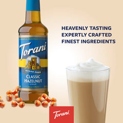 Torani bottle label detail highlighting brand and sugar-free benefit