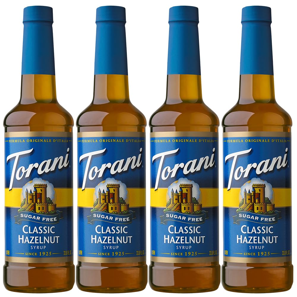 Torani bottle front packaging showing hazelnut syrup and convenience