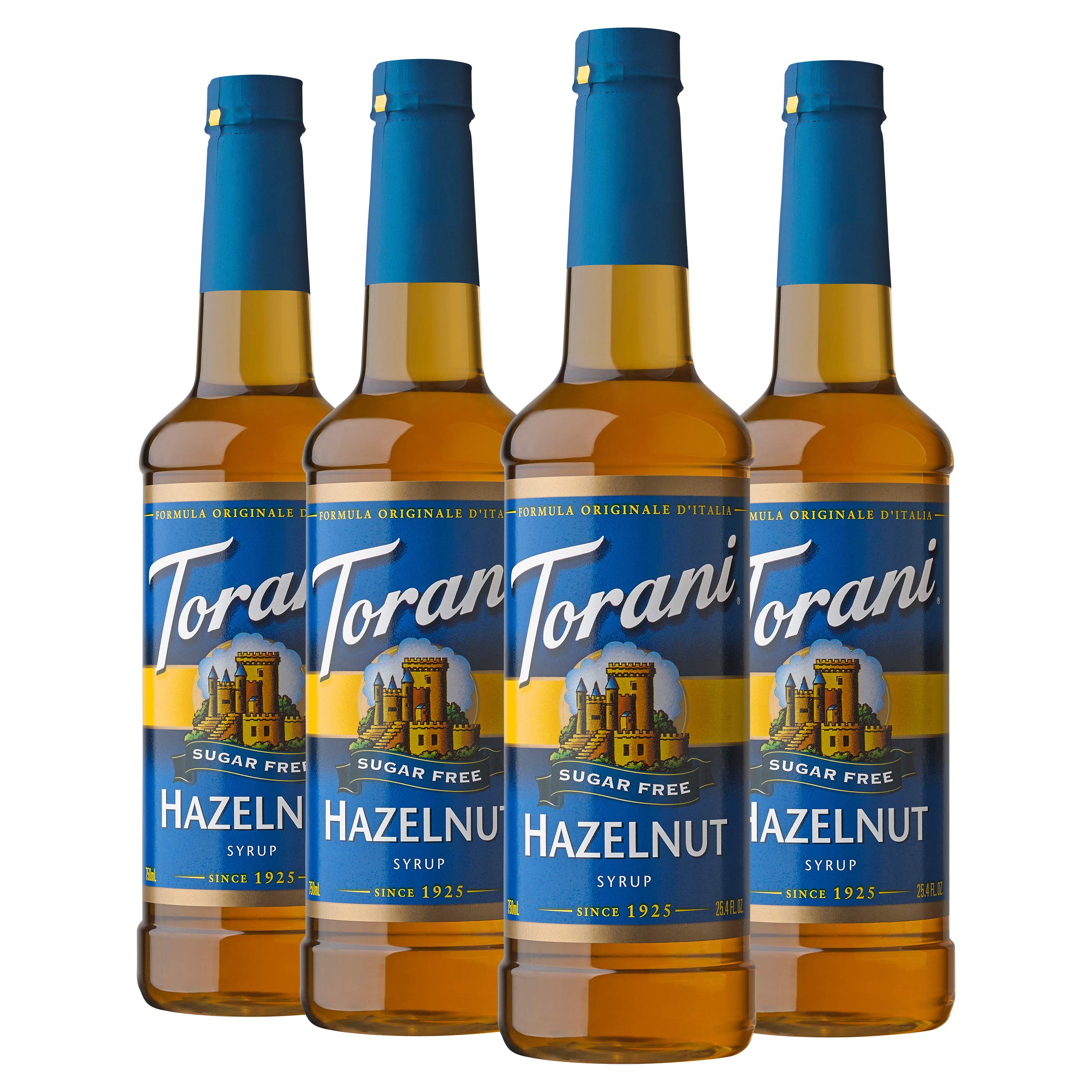 Torani bottle front packaging showing hazelnut flavor and sugar-free benefit