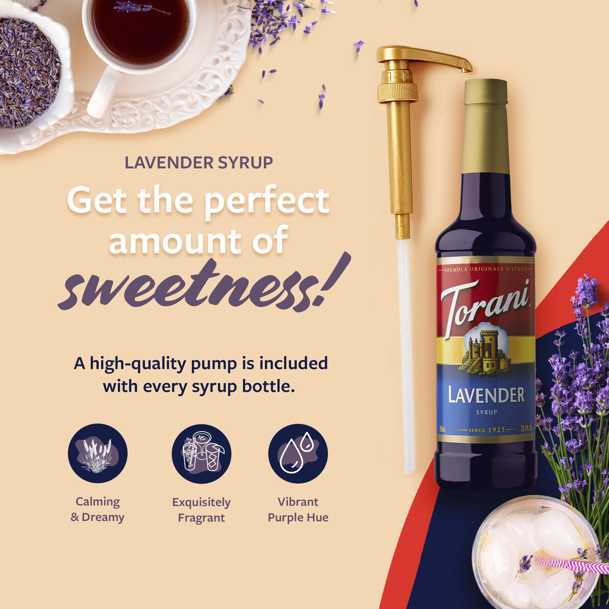 Goteo y brillo del jarabe Torani lavanda destacando su textura sedosa