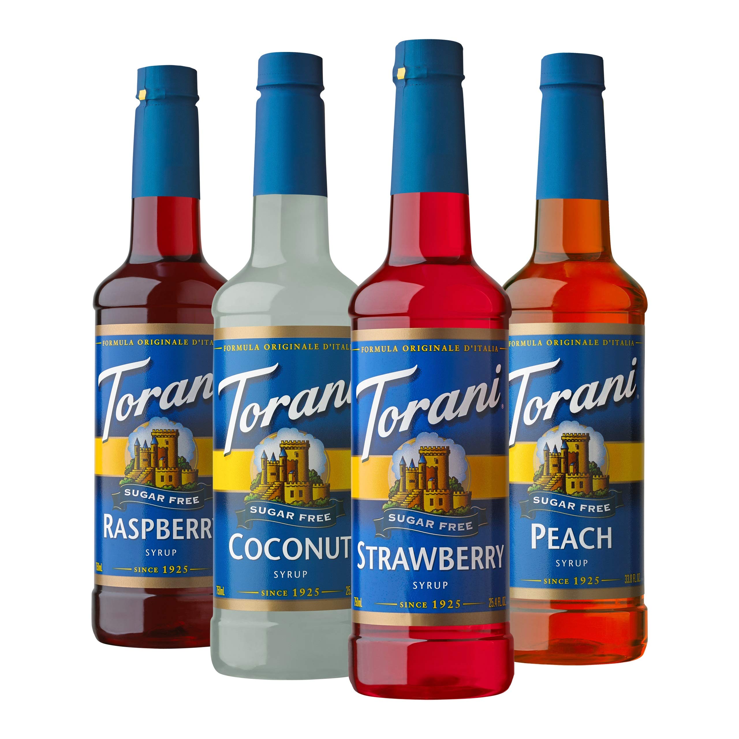 Torani pack frontal con cuatro botellas mostrando sabores y volumen