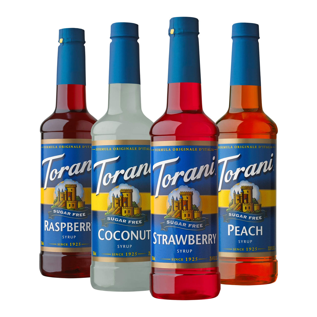 Torani pack frontal con cuatro botellas mostrando sabores y volumen