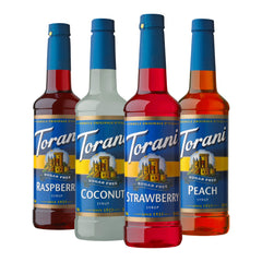 Torani pack frontal con cuatro botellas mostrando sabores y volumen