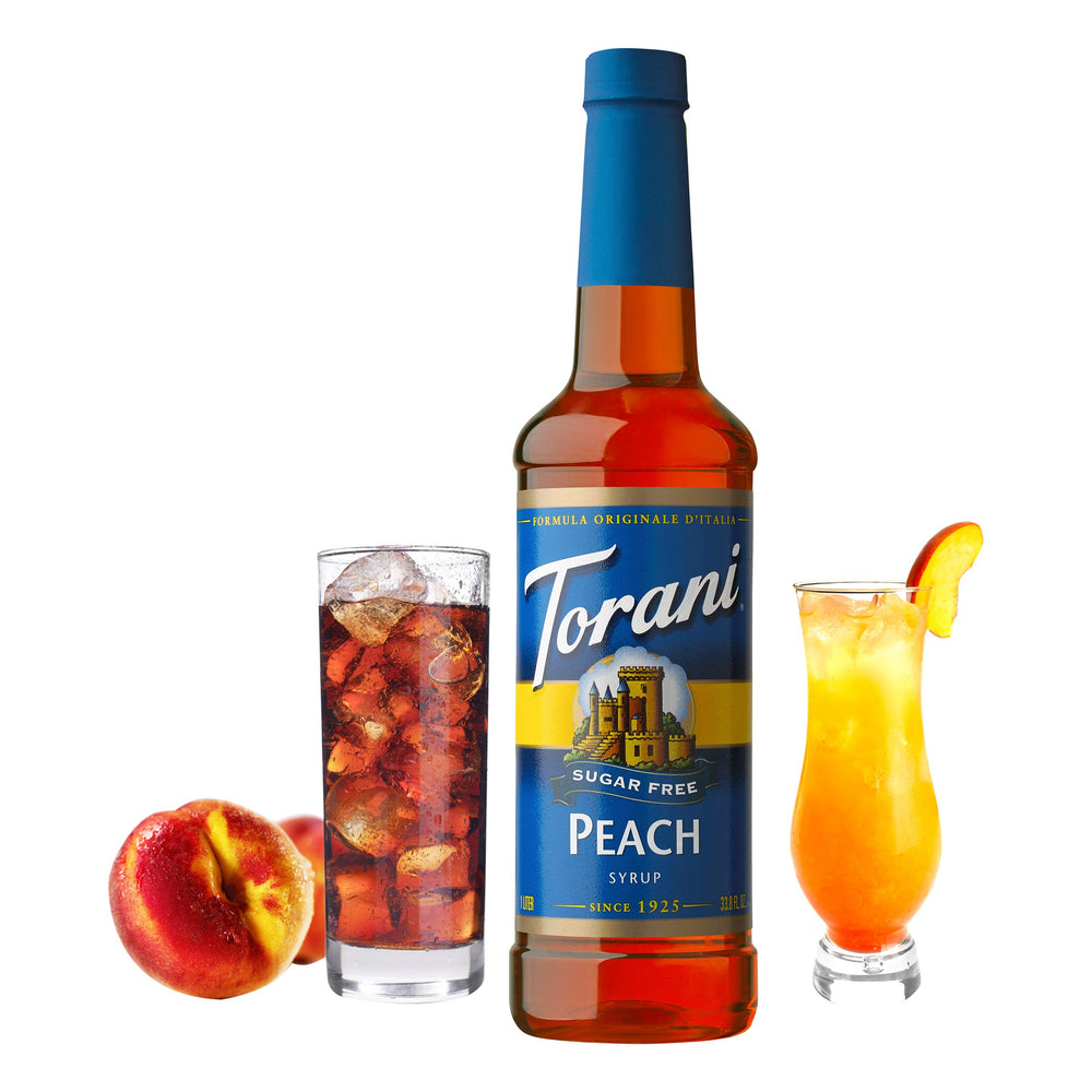 Torani close-up label detail highlighting peach flavor and sugar-free advantage