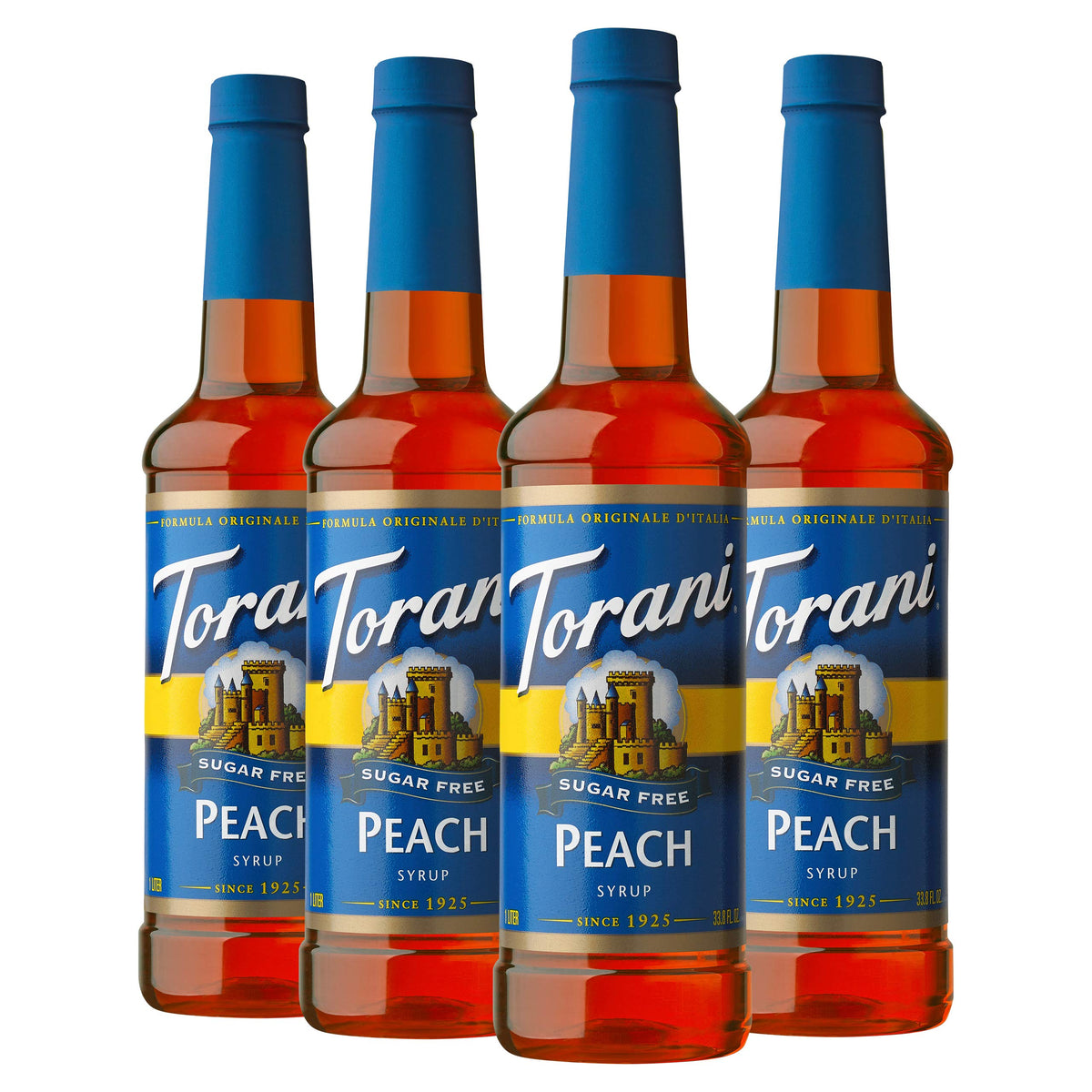 Torani bottle front packaging showing peach flavor and zero calories benefit