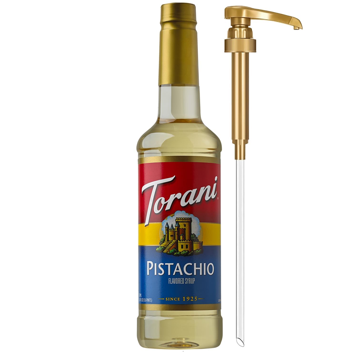 Torani botella frontal pistachio con diseño claro y enfoque práctico