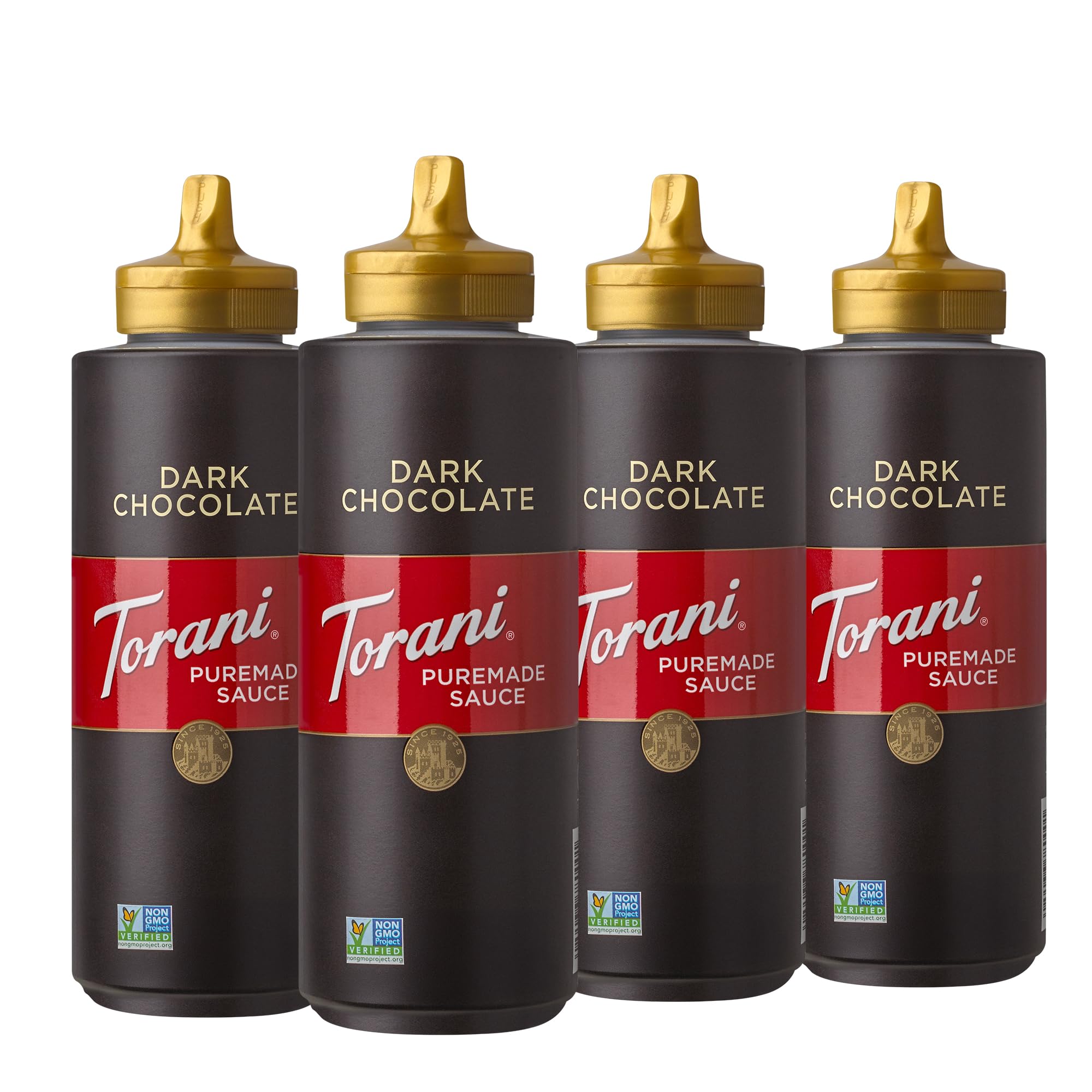 Torani bottle front packaging showing Puremade dark chocolate and rich flavor