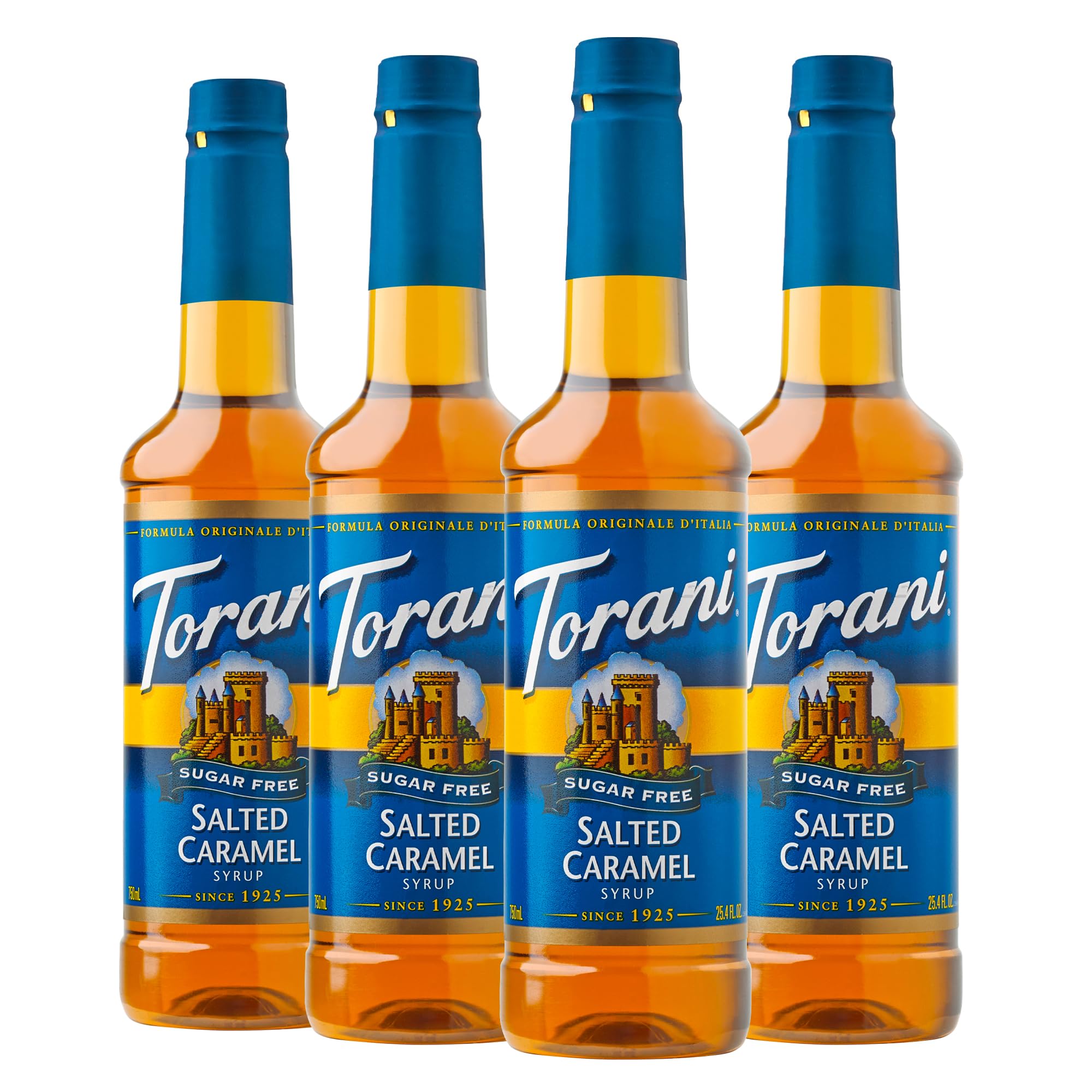 Torani botella frente pack mostrando etiqueta y volumen, práctico para barras