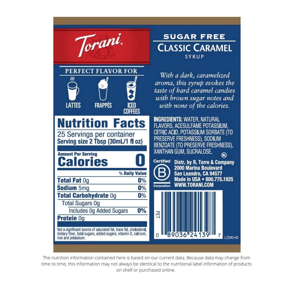 Torani label closeup highlighting natural flavors and zero-calorie benefit