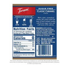 Torani label closeup highlighting natural flavors and zero-calorie benefit