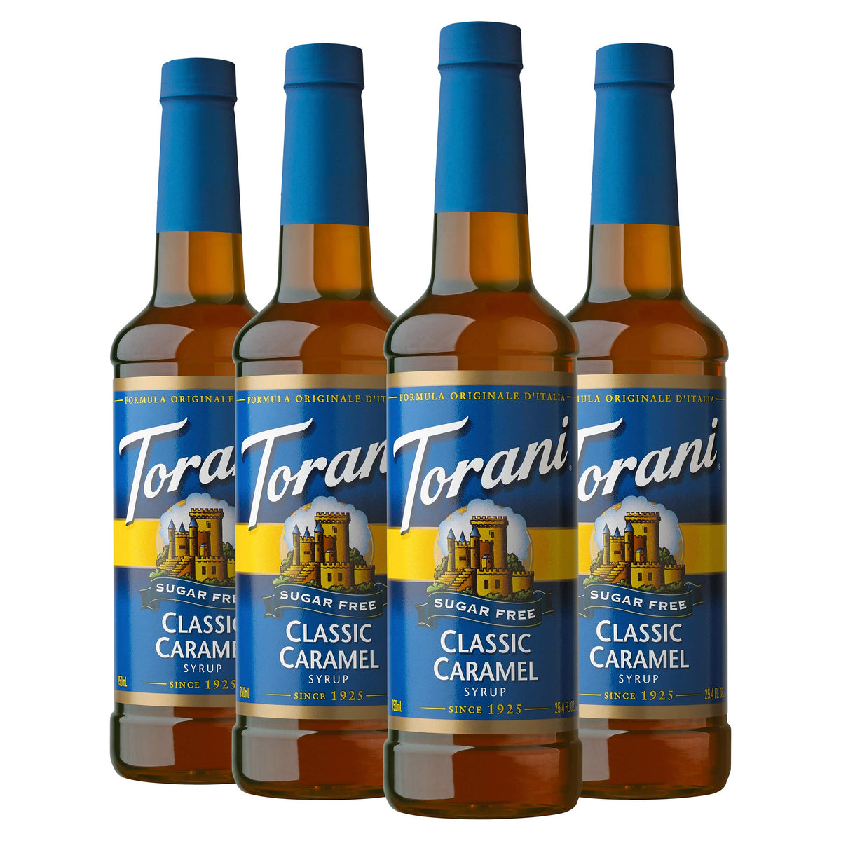 Torani front packaging showing sugar free caramel flavor and quantity benefit