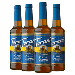 Torani front packaging showing sugar free caramel flavor and quantity benefit