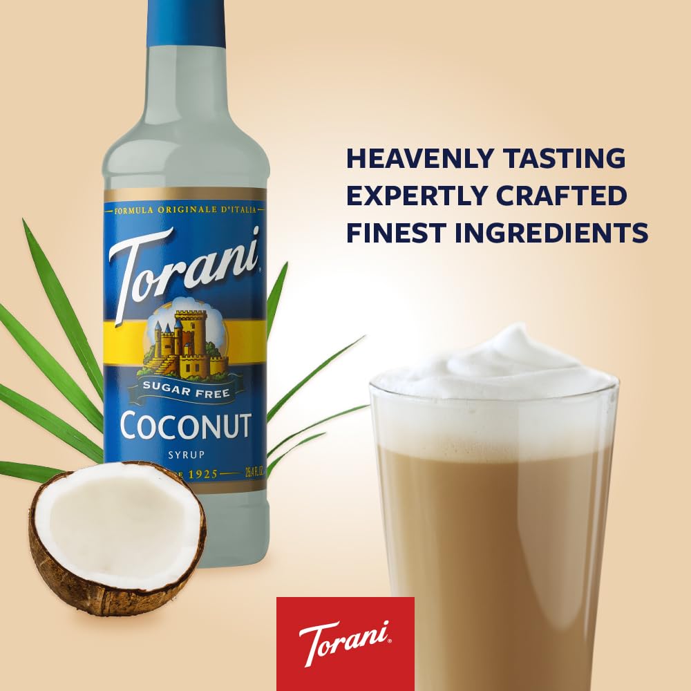 Torani sirope coco en latte cremoso que realza sabor sin calorías
