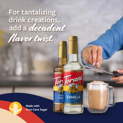 Caramel syrup pouring texture from Torani bottle, brand rich flavor visual