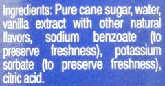 Torani bottle label close-up showing vanilla flavor and ingredient clarity