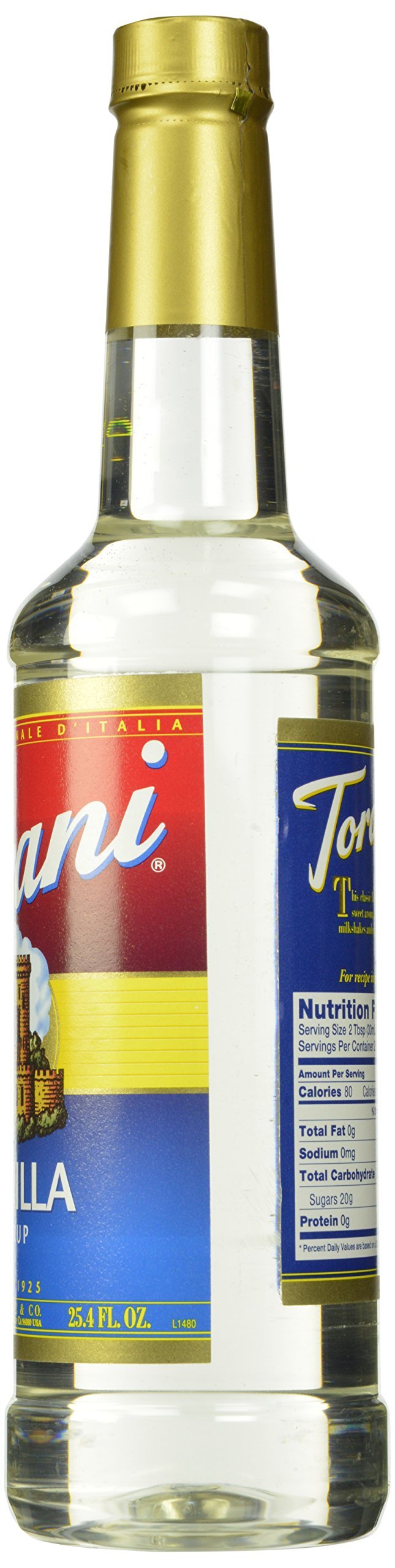 Torani four-pack on shelf showing bulk purchase value and consistent flavor