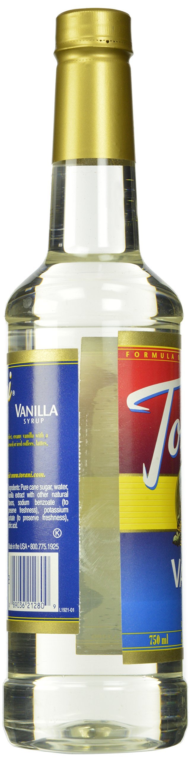 Torani bottle held in hand for scale showing generous 25.4 fl oz supply