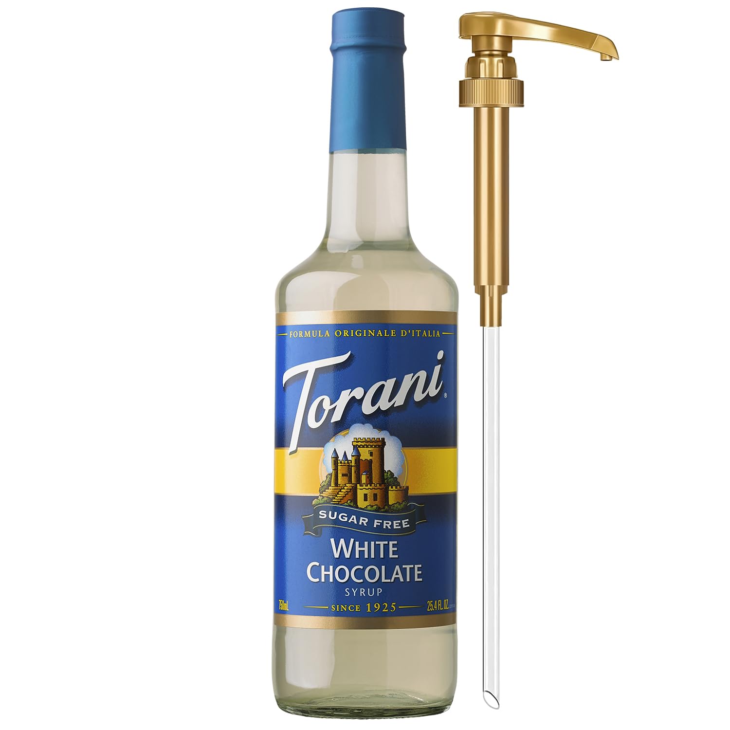 Torani vista frontal del envase mostrando el sabor blanco y beneficio práctico