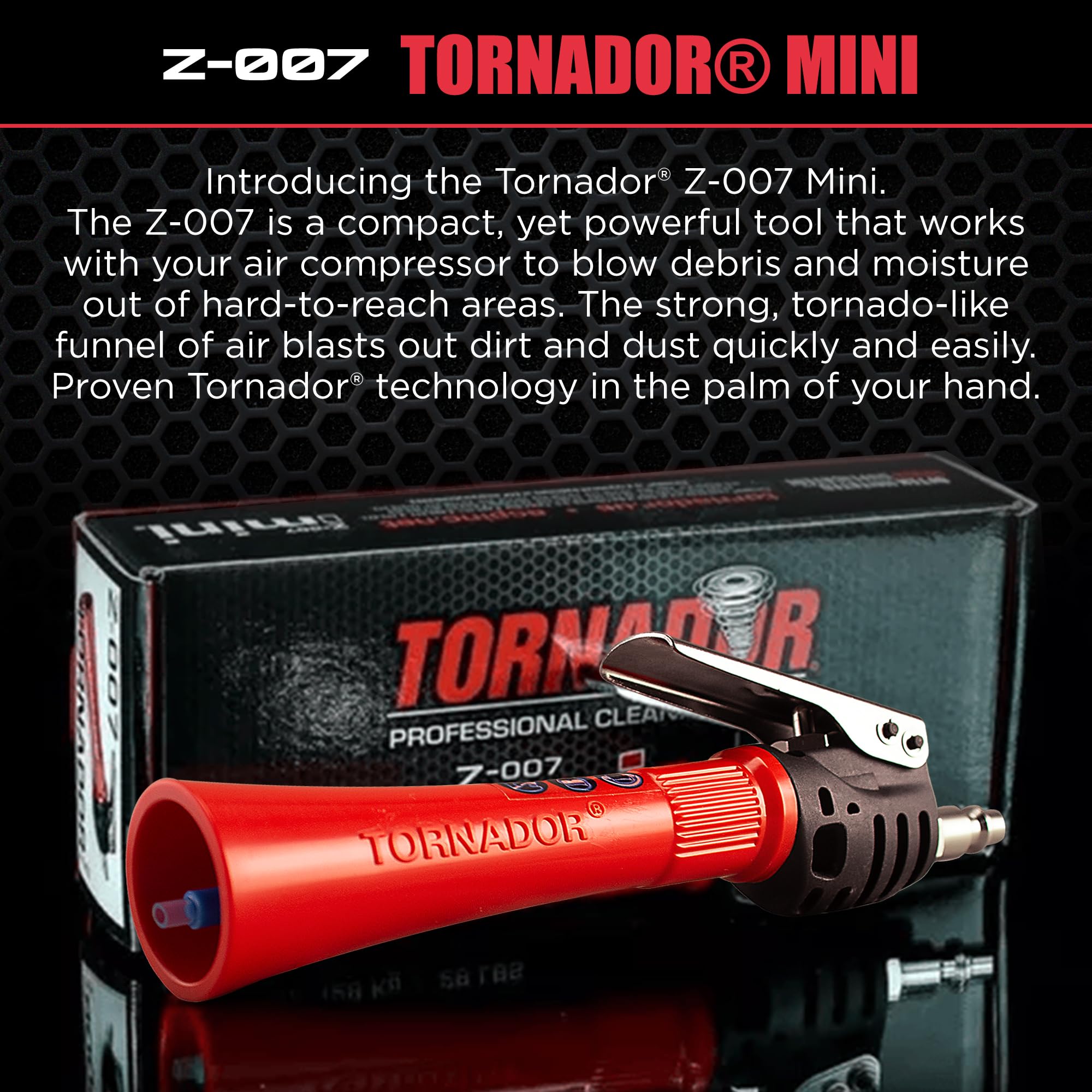 Tornador Z-007 Mini comparación de tamaño junto a una mano para referencia portátil