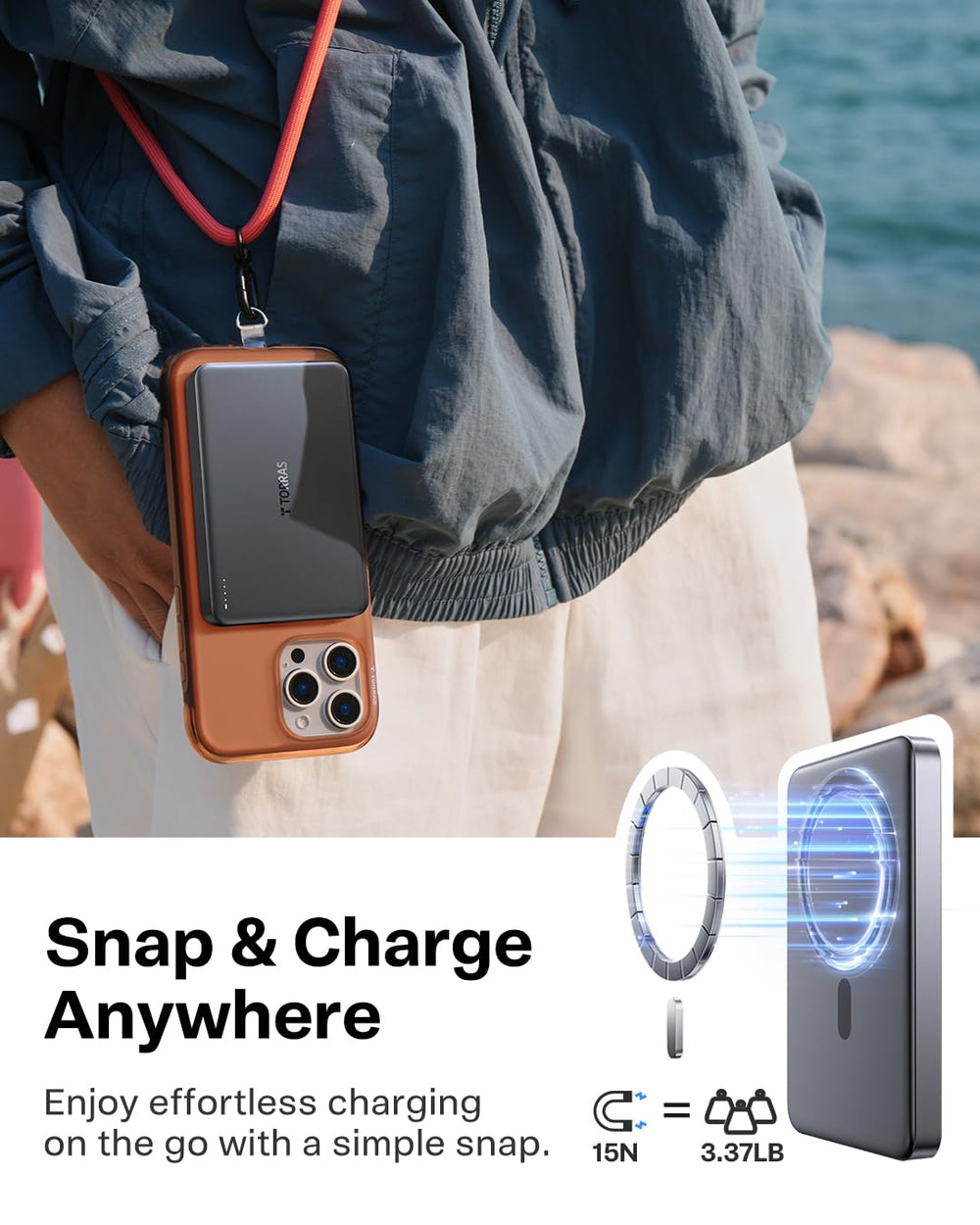 TORRAS MiniMag acoplado a iPhone con MagSafe para carga estable