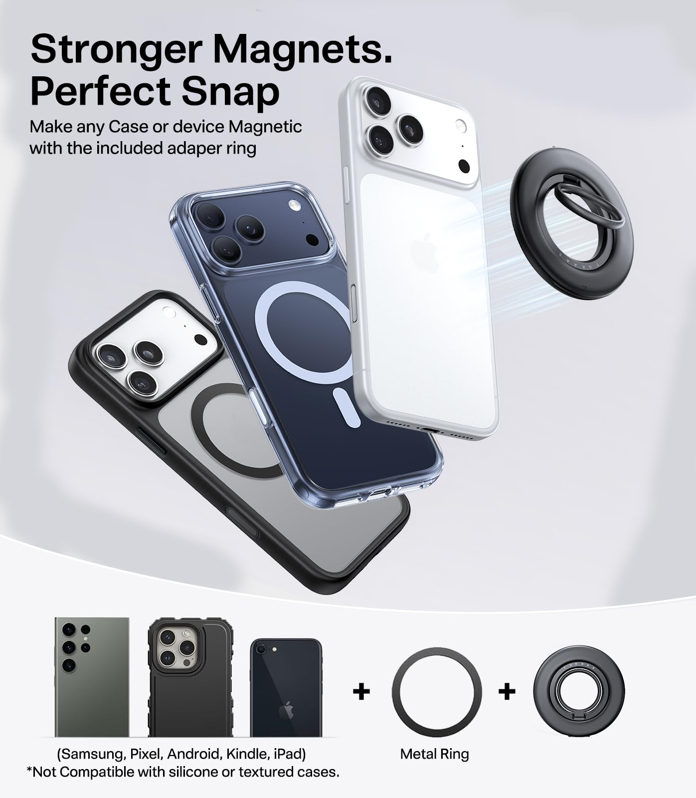 TORRAS attached with included metal plate on non-magnetic case enabling magnetic use