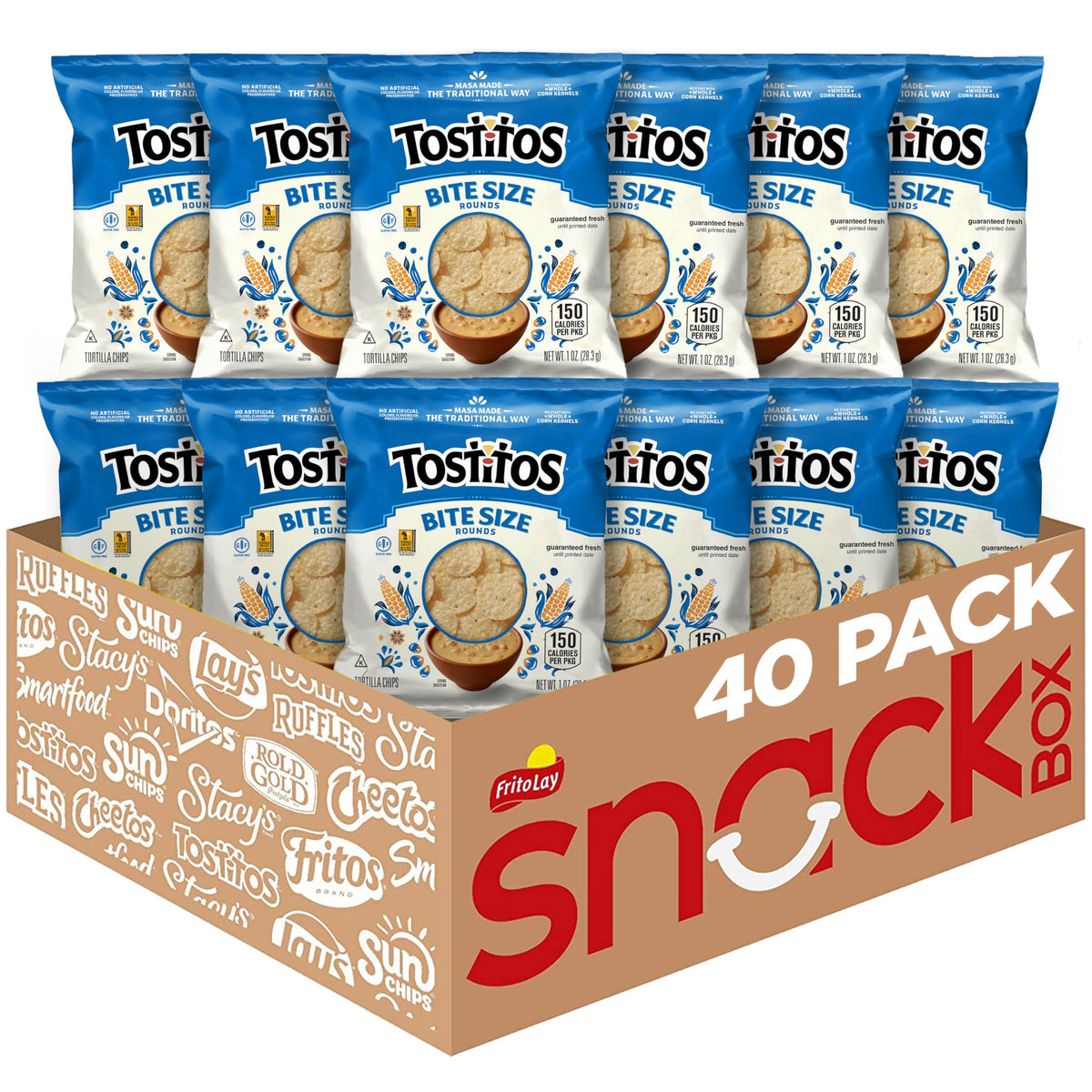 Tostitos frente del empaque mostrando pack de 40 bolsas, conveniencia