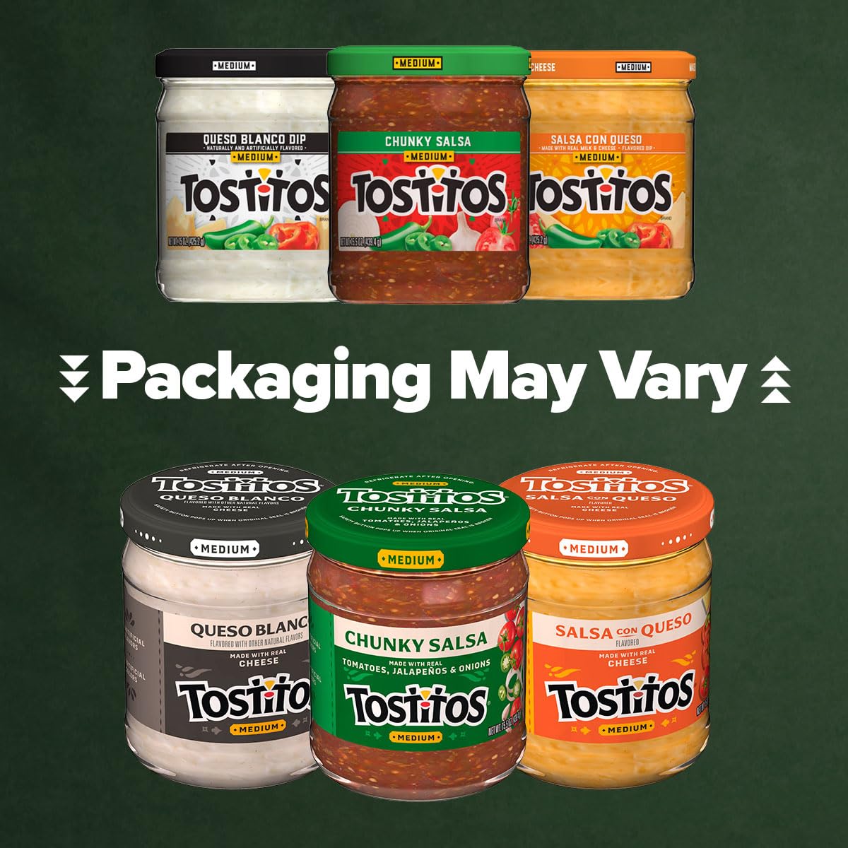 Tostitos etiquetas de frascos mostrando sabores variados y beneficios