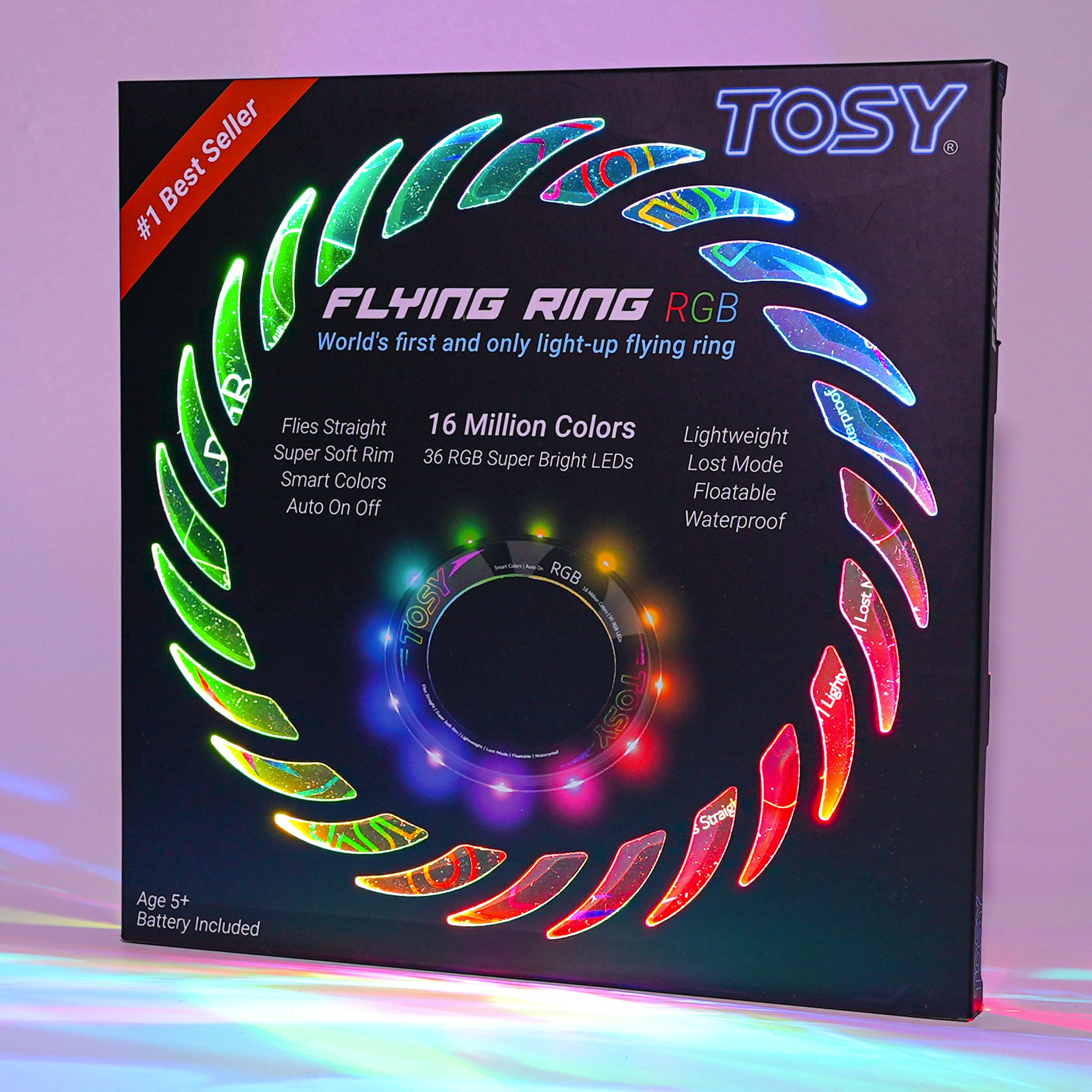 TOSY anillo volador frente del empaque mostrando LEDs y características clave