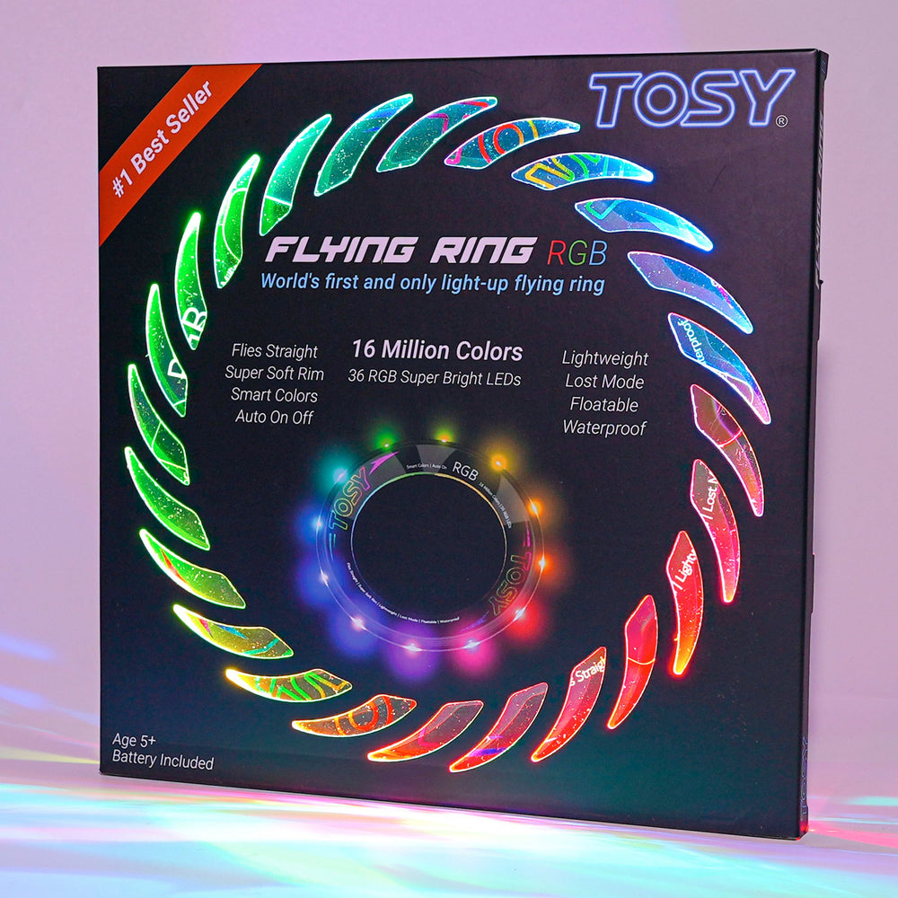 TOSY anillo volador frente del empaque mostrando LEDs y características clave